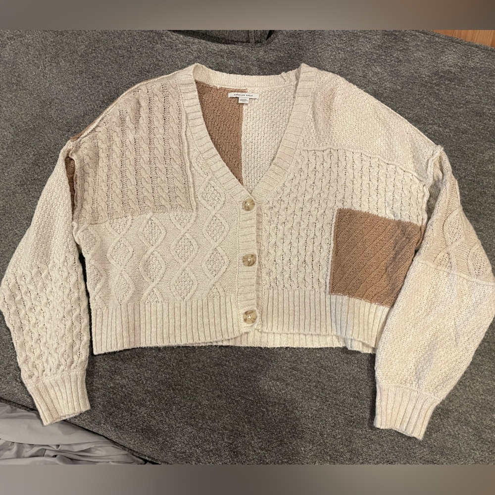Women's Cream and Brown Patchwork Sweater